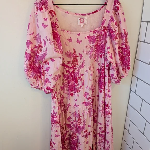 Victoria Dunn Women's Pink Floral Cottagecore Puff Sleeve Maxi Dress Medium - Picture 2 of 6